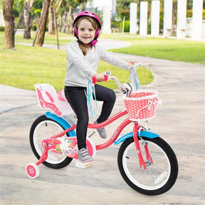 12/14/16/18" Girls Bike with Basket, Doll Seat & Streamers, Removable Training Wheels, Adjustable Kids Bicycle for Ages 3-8 Children Gift