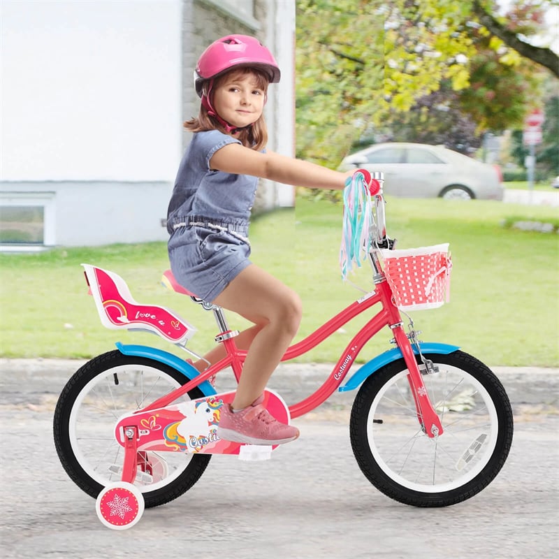 12/14/16/18" Girls Bike with Basket, Doll Seat & Streamers, Removable Training Wheels, Adjustable Kids Bicycle for Ages 3-8 Children Gift