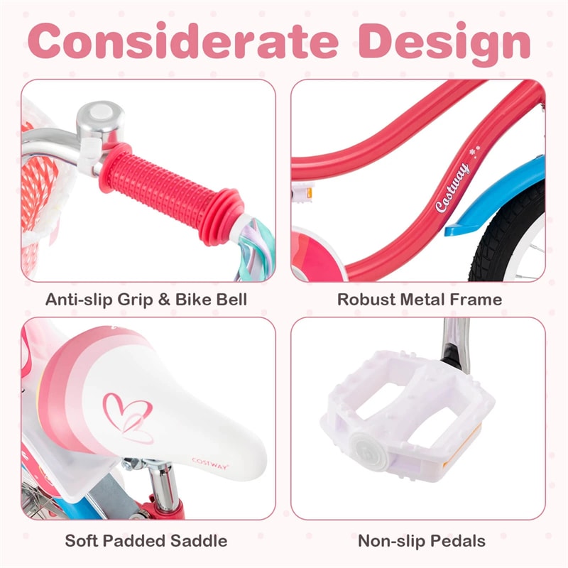 12/14/16/18" Girls Bike with Basket, Doll Seat & Streamers, Removable Training Wheels, Adjustable Kids Bicycle for Ages 3-8 Children Gift
