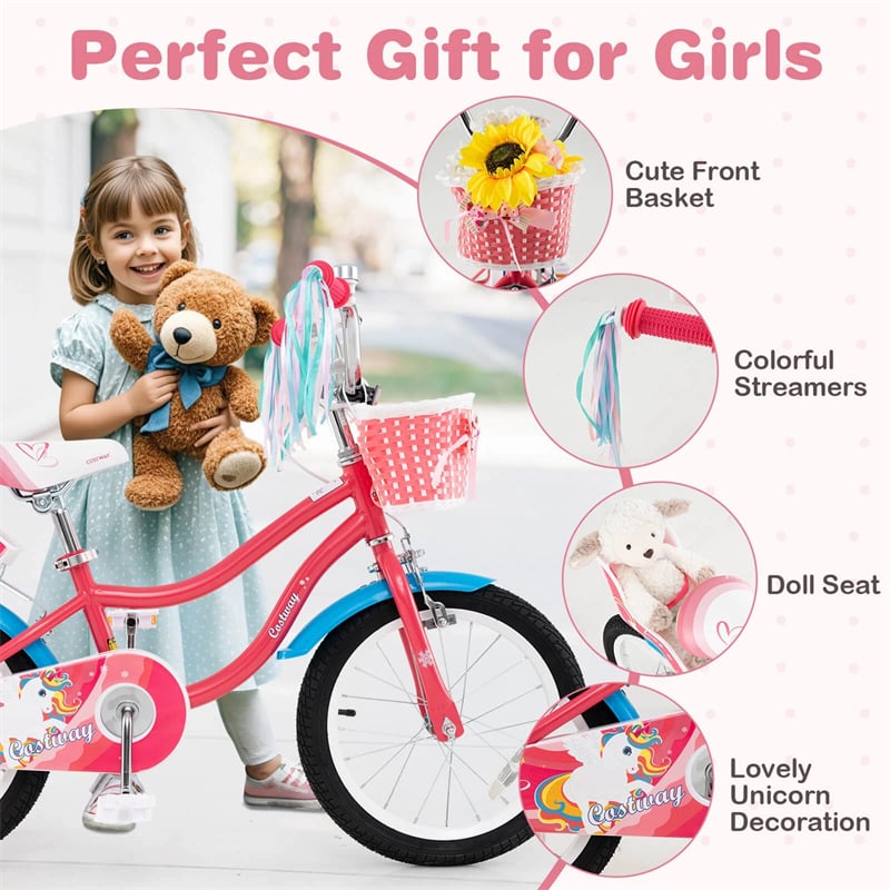 12/14/16/18" Girls Bike with Basket, Doll Seat & Streamers, Removable Training Wheels, Adjustable Kids Bicycle for Ages 3-8 Children Gift