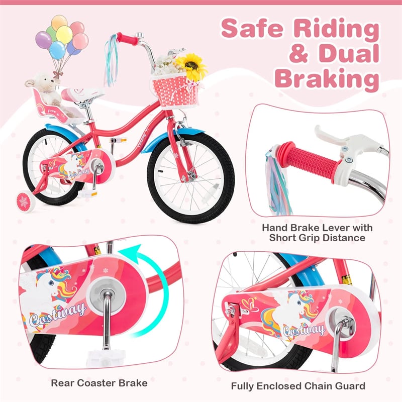 12/14/16/18" Girls Bike with Basket, Doll Seat & Streamers, Removable Training Wheels, Adjustable Kids Bicycle for Ages 3-8 Children Gift
