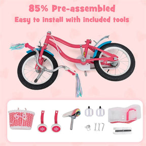 12/14/16/18" Girls Bike with Basket, Doll Seat & Streamers, Removable Training Wheels, Adjustable Kids Bicycle for Ages 3-8 Children Gift