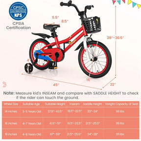 12-20 Inch Kids Bike with Removable Training Wheels, Basket & Bell for 3-8 Years Old Boys Girls, Adjustable Children Bicycle