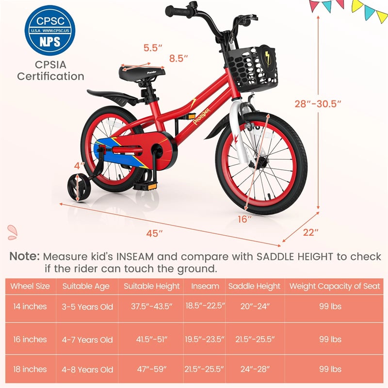 12-20 Inch Kids Bike with Removable Training Wheels, Basket & Bell for 3-8 Years Old Boys Girls, Adjustable Children Bicycle