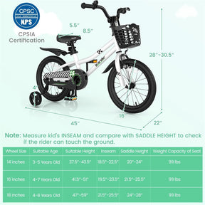12-20 Inch Kids Bike with Removable Training Wheels, Basket & Bell for 3-8 Years Old Boys Girls, Adjustable Children Bicycle