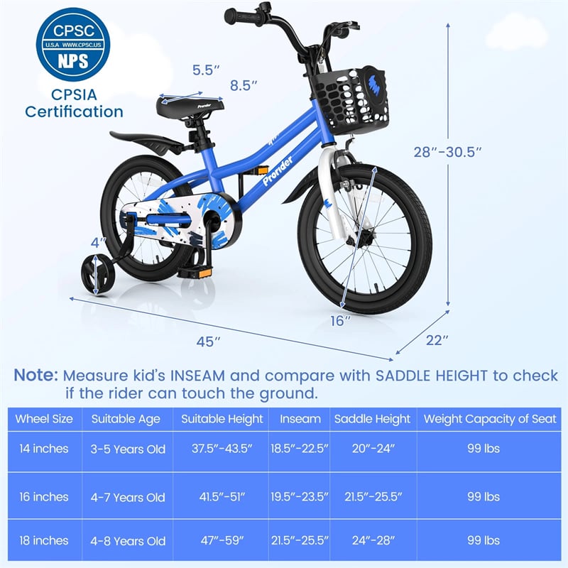 12-20 Inch Kids Bike with Removable Training Wheels, Basket & Bell for 3-8 Years Old Boys Girls, Adjustable Children Bicycle