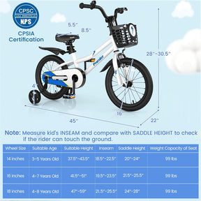 12-20 Inch Kids Bike with Removable Training Wheels, Basket & Bell for 3-8 Years Old Boys Girls, Adjustable Children Bicycle