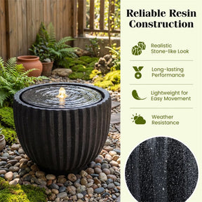 18" Round Outdoor Sphere Water Fountain with 6 LED Lights & Adjustable Pump, Stone Gray Resin Bubbling Fountain for Garden Patio Porch Decor