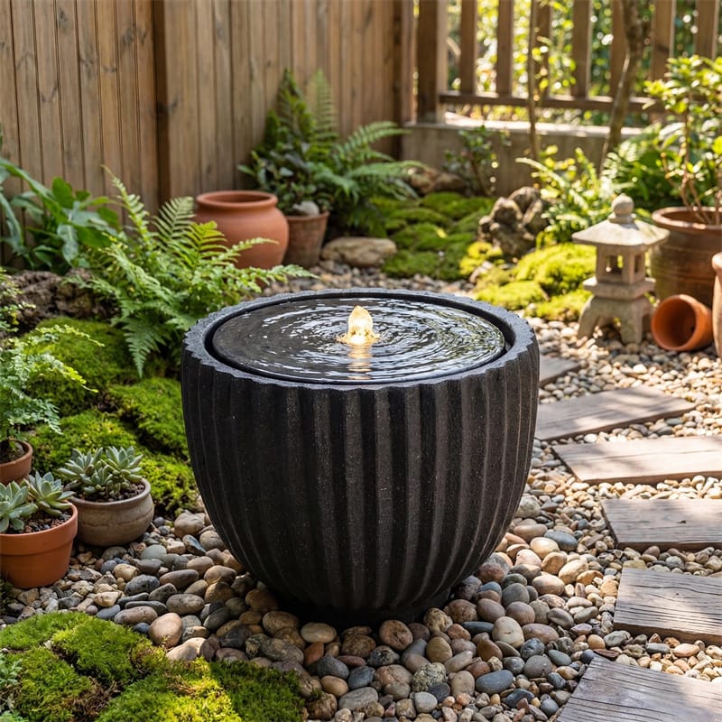 18" Round Outdoor Sphere Water Fountain with 6 LED Lights & Adjustable Pump, Stone Gray Resin Bubbling Fountain for Garden Patio Porch Decor
