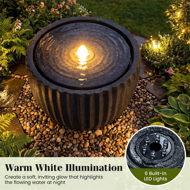 18" Round Outdoor Sphere Water Fountain with 6 LED Lights & Adjustable Pump, Stone Gray Resin Bubbling Fountain for Garden Patio Porch Decor