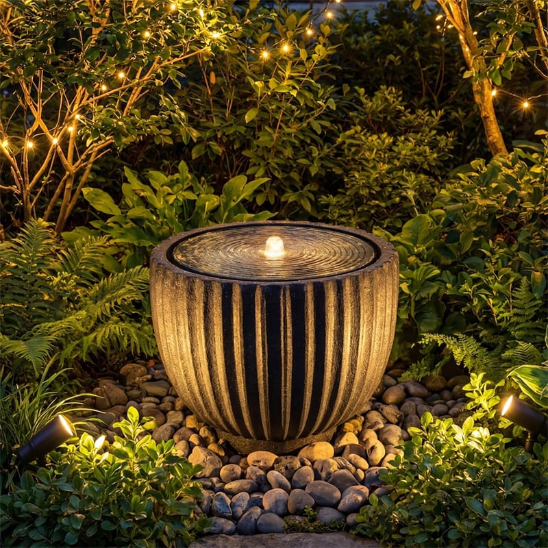 18" Round Outdoor Sphere Water Fountain with 6 LED Lights & Adjustable Pump, Stone Gray Resin Bubbling Fountain for Garden Patio Porch Decor