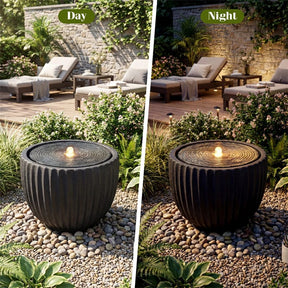 18" Round Outdoor Sphere Water Fountain with 6 LED Lights & Adjustable Pump, Stone Gray Resin Bubbling Fountain for Garden Patio Porch Decor