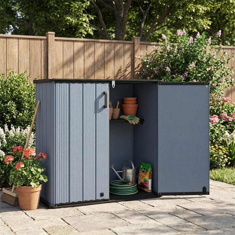 175 Gallon Outdoor Storage Shed, All-Weather Resin Patio Storage Box with Floor, Lockable Door & Removable Shelf, Waterproof Garden Tool Shed