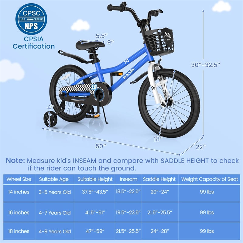 12-20 Inch Kids Bike with Removable Training Wheels, Basket & Bell for 3-8 Years Old Boys Girls, Adjustable Children Bicycle
