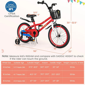 12-20 Inch Kids Bike with Removable Training Wheels, Basket & Bell for 3-8 Years Old Boys Girls, Adjustable Children Bicycle