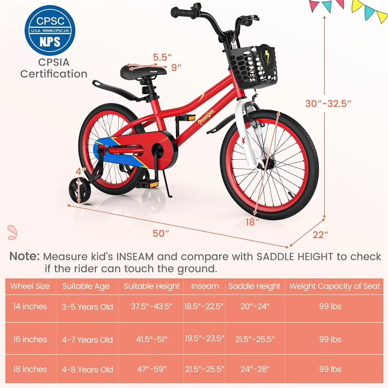 12-20 Inch Kids Bike with Removable Training Wheels, Basket & Bell for 3-8 Years Old Boys Girls, Adjustable Children Bicycle