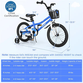 12-20 Inch Kids Bike with Removable Training Wheels, Basket & Bell for 3-8 Years Old Boys Girls, Adjustable Children Bicycle