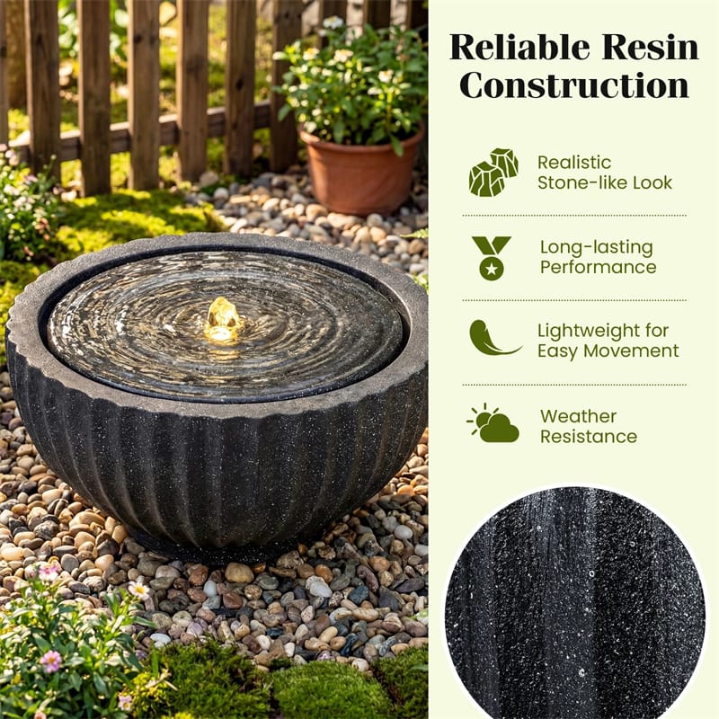 18" Round Outdoor Sphere Water Fountain with 6 LED Lights & Adjustable Pump, Stone Gray Resin Bubbling Fountain for Garden Patio Porch Decor