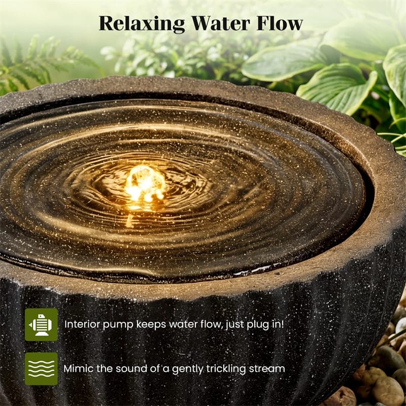 18" Round Outdoor Sphere Water Fountain with 6 LED Lights & Adjustable Pump, Stone Gray Resin Bubbling Fountain for Garden Patio Porch Decor