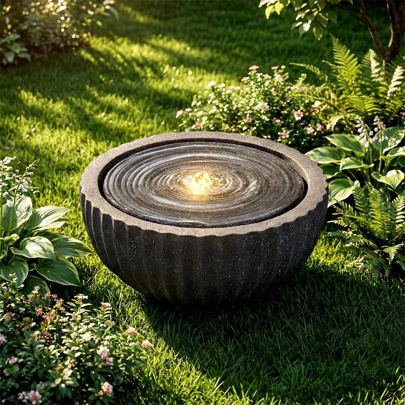 18" Round Outdoor Sphere Water Fountain with 6 LED Lights & Adjustable Pump, Stone Gray Resin Bubbling Fountain for Garden Patio Porch Decor