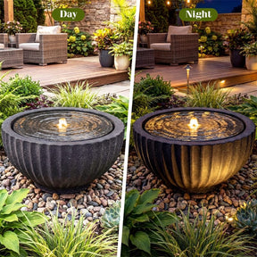 18" Round Outdoor Sphere Water Fountain with 6 LED Lights & Adjustable Pump, Stone Gray Resin Bubbling Fountain for Garden Patio Porch Decor