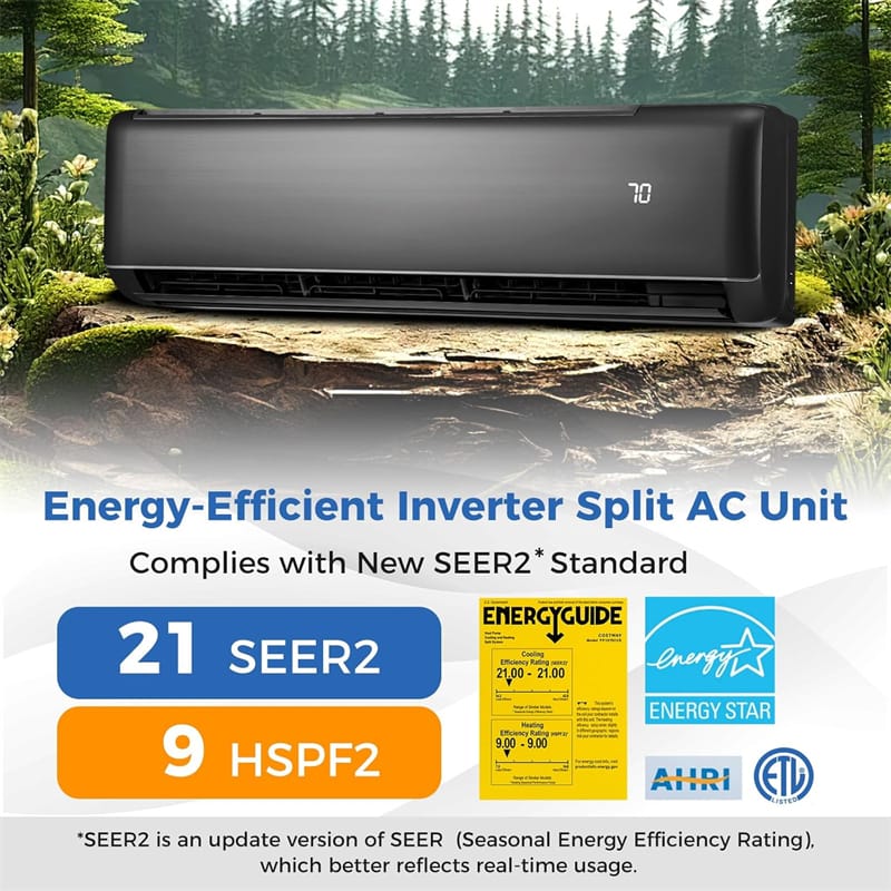 18000 BTU 21 SEER2 Mini Split Air Conditioner & Heater, Energy Star 208-230V Inverter Ductless AC Unit with Heat Pump for Rooms up to 1250 Sq.Ft