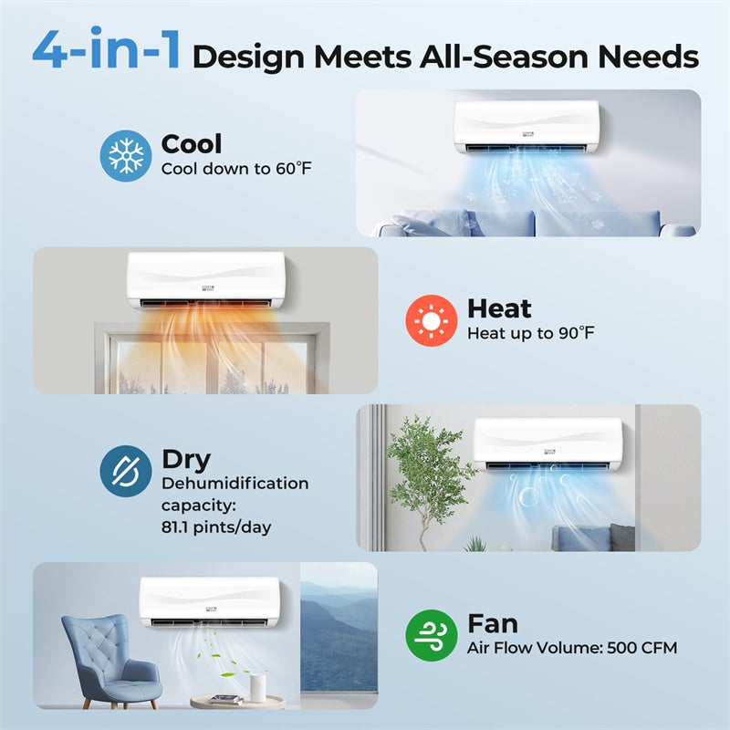 18000 BTU 19 SEER2 208-230V Mini Split Air Conditioner & Heater, Inverter Ductless AC Heat Pump System, Full Installation Kit, Cools up to 1250 Sq Ft