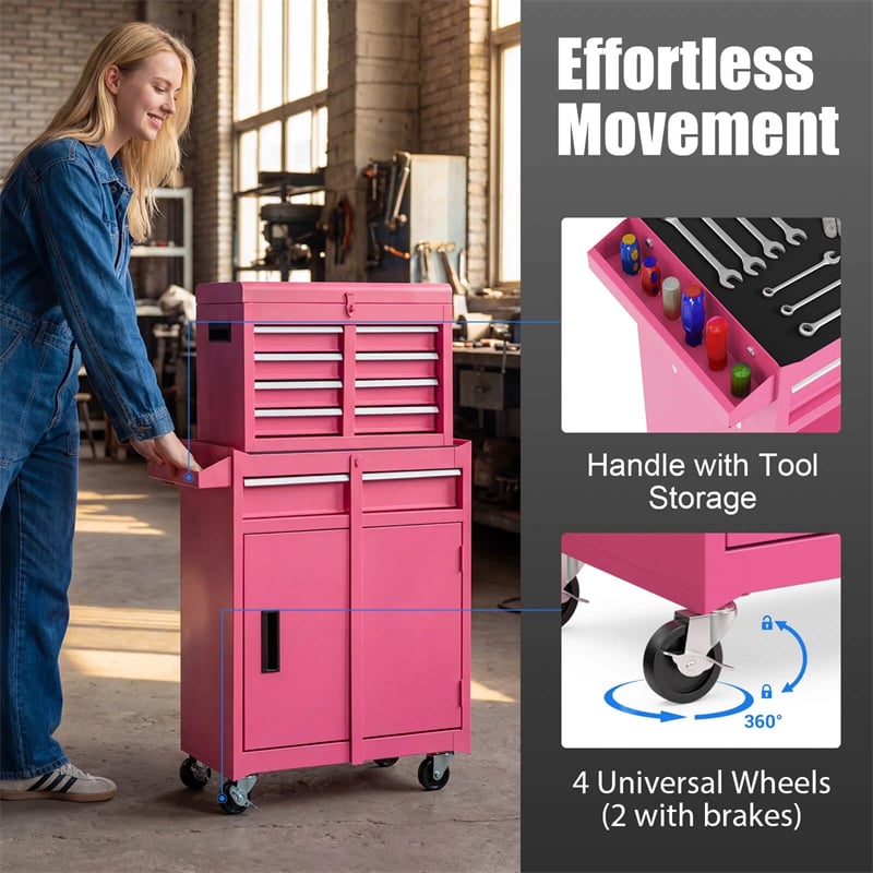 2-in-1 Rolling Tool Chest, 5-Drawer Tool Storage Cabinet with Wheels, Adjustable Shelf, Tool Box Organizer for Garage Warehouse Workshop
