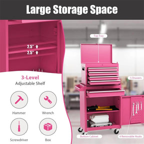 2-in-1 Rolling Tool Chest, 5-Drawer Tool Storage Cabinet with Wheels, Adjustable Shelf, Tool Box Organizer for Garage Warehouse Workshop