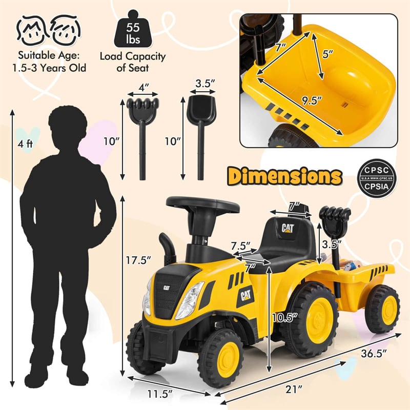 Kids Ride on Tractor 2-in-1 Licensed Caterpillar Foot-to-Floor Toy Construction Vehicle w/ Detachable Trailer, Shovel, Rake & Lights, Toddler Push Car