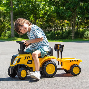 Kids Ride on Tractor 2-in-1 Licensed Caterpillar Foot-to-Floor Toy Construction Vehicle w/ Detachable Trailer, Shovel, Rake & Lights, Toddler Push Car