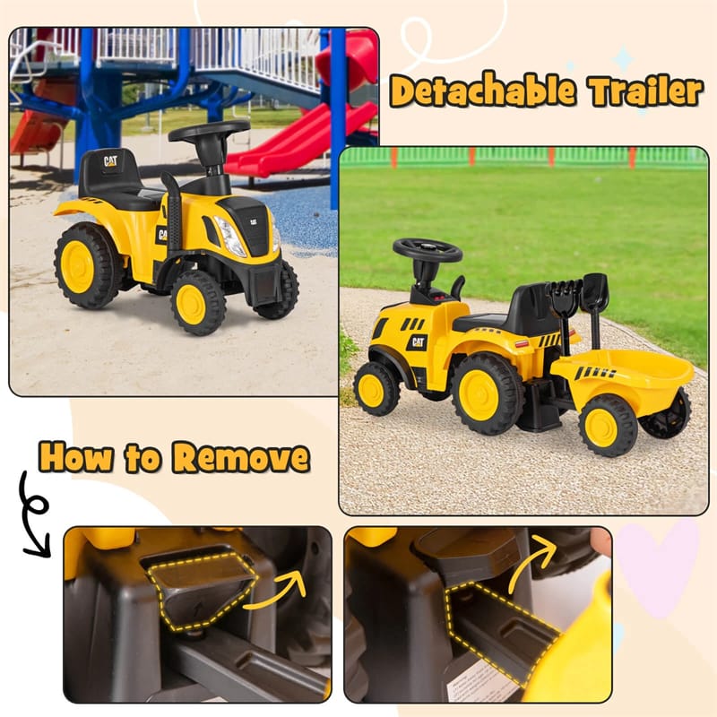 Kids Ride on Tractor 2-in-1 Licensed Caterpillar Foot-to-Floor Toy Construction Vehicle w/ Detachable Trailer, Shovel, Rake & Lights, Toddler Push Car