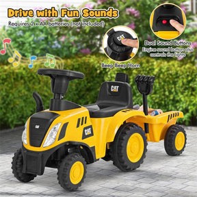 Kids Ride on Tractor 2-in-1 Licensed Caterpillar Foot-to-Floor Toy Construction Vehicle w/ Detachable Trailer, Shovel, Rake & Lights, Toddler Push Car