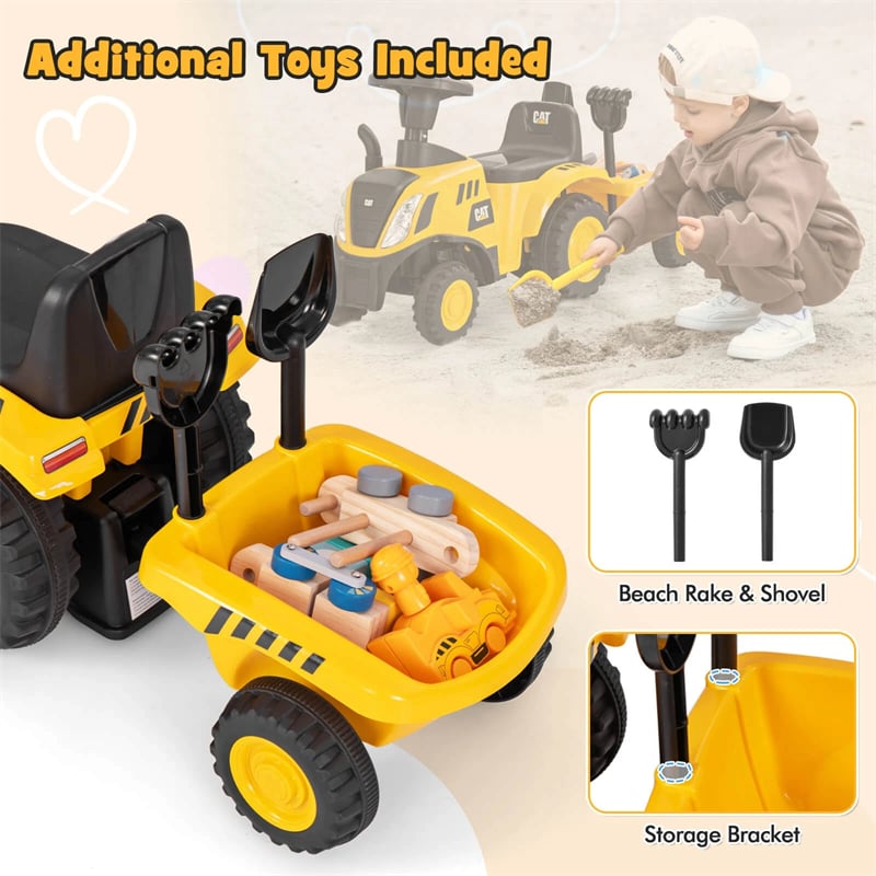 Kids Ride on Tractor 2-in-1 Licensed Caterpillar Foot-to-Floor Toy Construction Vehicle w/ Detachable Trailer, Shovel, Rake & Lights, Toddler Push Car