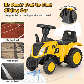 Kids Ride on Tractor 2-in-1 Licensed Caterpillar Foot-to-Floor Toy Construction Vehicle w/ Detachable Trailer, Shovel, Rake & Lights, Toddler Push Car