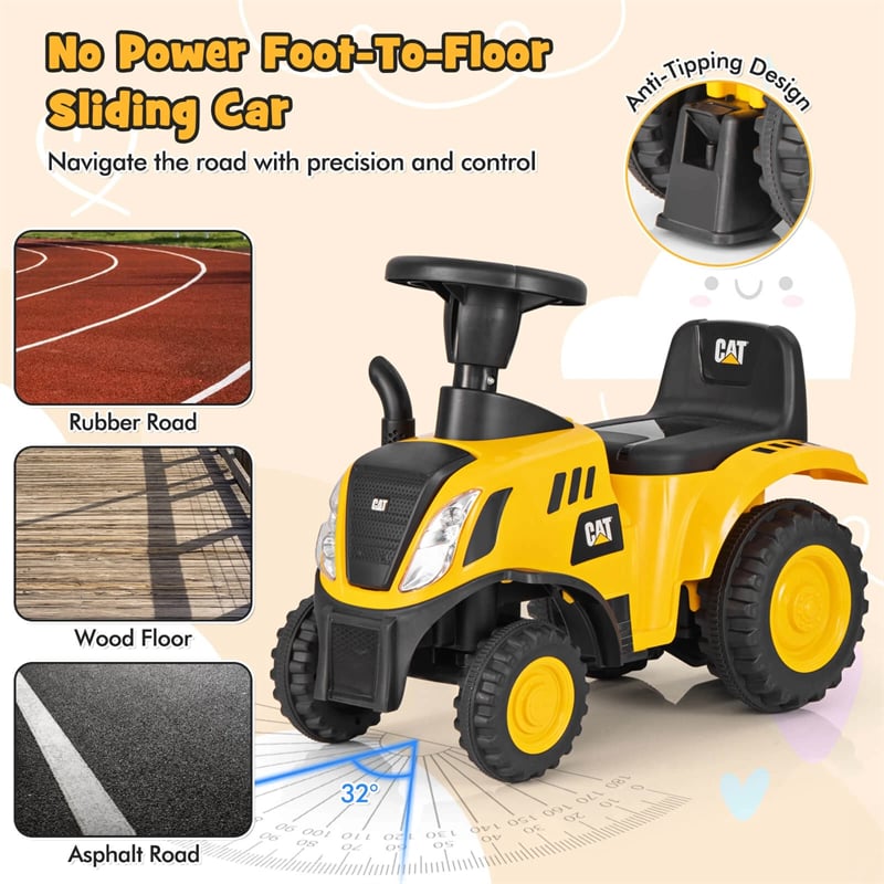Kids Ride on Tractor 2-in-1 Licensed Caterpillar Foot-to-Floor Toy Construction Vehicle w/ Detachable Trailer, Shovel, Rake & Lights, Toddler Push Car