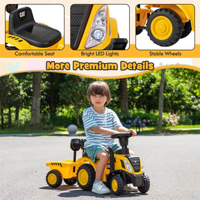 Kids Ride on Tractor 2-in-1 Licensed Caterpillar Foot-to-Floor Toy Construction Vehicle w/ Detachable Trailer, Shovel, Rake & Lights, Toddler Push Car