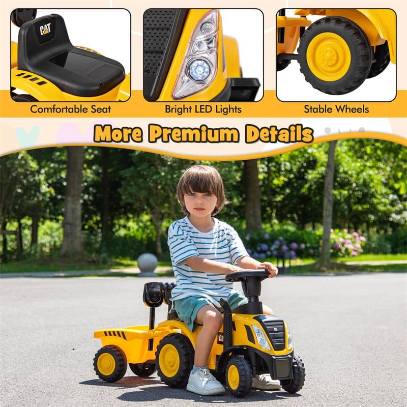 Kids Ride on Tractor 2-in-1 Licensed Caterpillar Foot-to-Floor Toy Construction Vehicle w/ Detachable Trailer, Shovel, Rake & Lights, Toddler Push Car