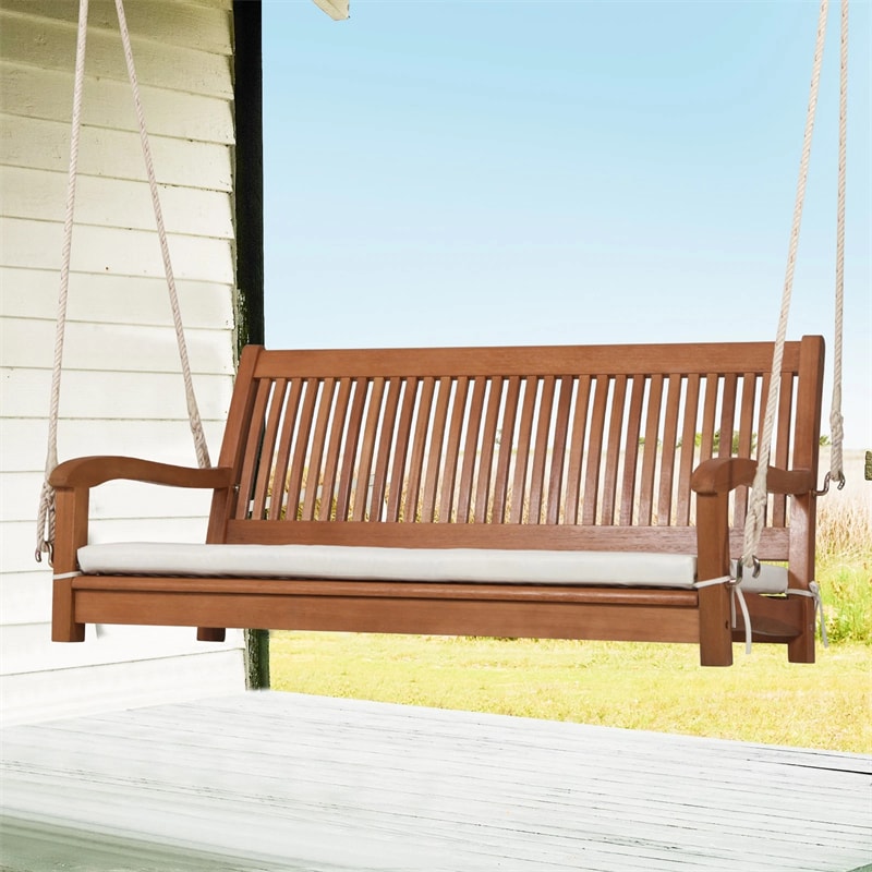 2-Person Outdoor Patio Hanging Wooden Porch Swing with Thick Cushion & Ropes, Heavy Duty 800LBS 2 Seat Wood Bench Swing for Backyard Deck Garden