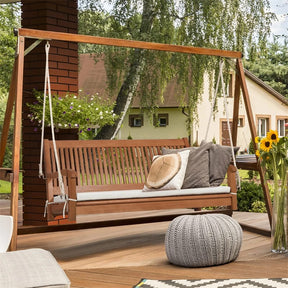 2-Person Outdoor Patio Hanging Wooden Porch Swing with Thick Cushion & Ropes, Heavy Duty 800LBS 2 Seat Wood Bench Swing for Backyard Deck Garden