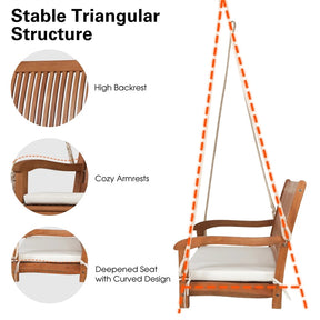 2-Person Outdoor Patio Hanging Wooden Porch Swing with Thick Cushion & Ropes, Heavy Duty 800LBS 2 Seat Wood Bench Swing for Backyard Deck Garden