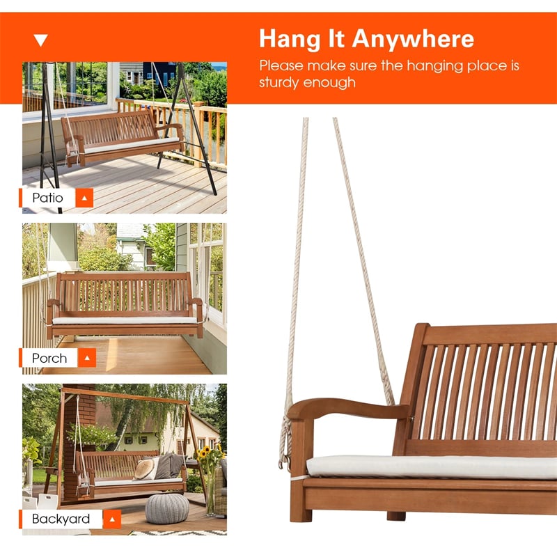 2-Person Outdoor Patio Hanging Wooden Porch Swing with Thick Cushion & Ropes, Heavy Duty 800LBS 2 Seat Wood Bench Swing for Backyard Deck Garden