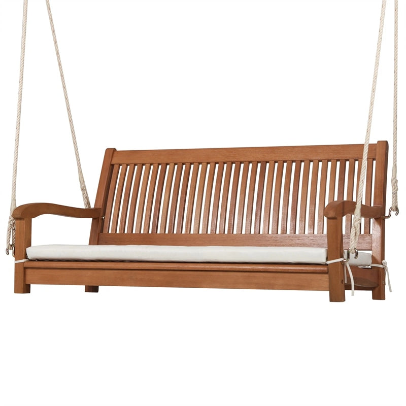 2-Person Outdoor Patio Hanging Wooden Porch Swing with Thick Cushion & Ropes, Heavy Duty 800LBS 2 Seat Wood Bench Swing for Backyard Deck Garden