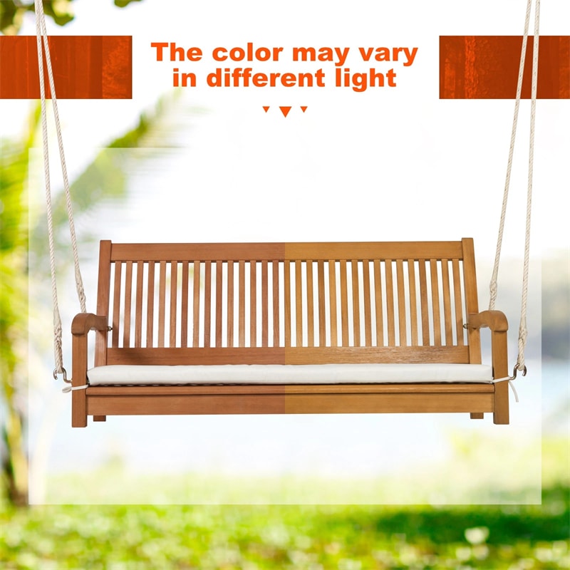 2-Person Outdoor Patio Hanging Wooden Porch Swing with Thick Cushion & Ropes, Heavy Duty 800LBS 2 Seat Wood Bench Swing for Backyard Deck Garden