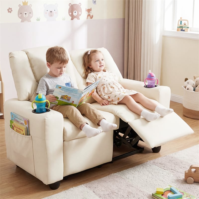 2-Seater Kids Recliner, PU Leather Reclining Loveseat with Cup Holders & 2 Side Storage Pockets, Adjustable Double Toddler Sofa for Boys Girls
