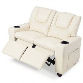 2-Seater Kids Recliner, PU Leather Reclining Loveseat with Cup Holders & 2 Side Storage Pockets, Adjustable Double Toddler Sofa for Boys Girls