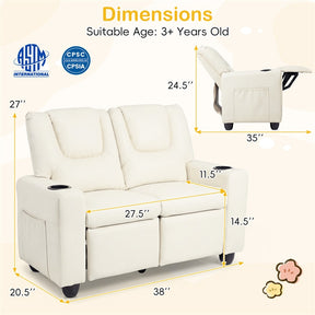 2-Seater Kids Recliner, PU Leather Reclining Loveseat with Cup Holders & 2 Side Storage Pockets, Adjustable Double Toddler Sofa for Boys Girls