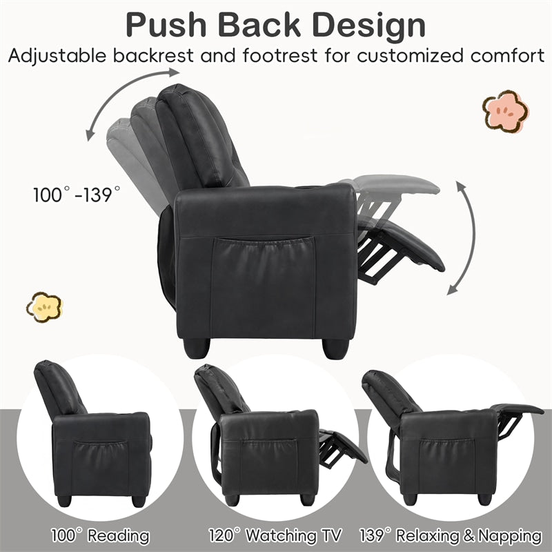 2-Seater Kids Recliner, PU Leather Reclining Loveseat with Cup Holders & 2 Side Storage Pockets, Adjustable Double Toddler Sofa for Boys Girls