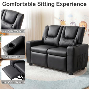 2-Seater Kids Recliner, PU Leather Reclining Loveseat with Cup Holders & 2 Side Storage Pockets, Adjustable Double Toddler Sofa for Boys Girls