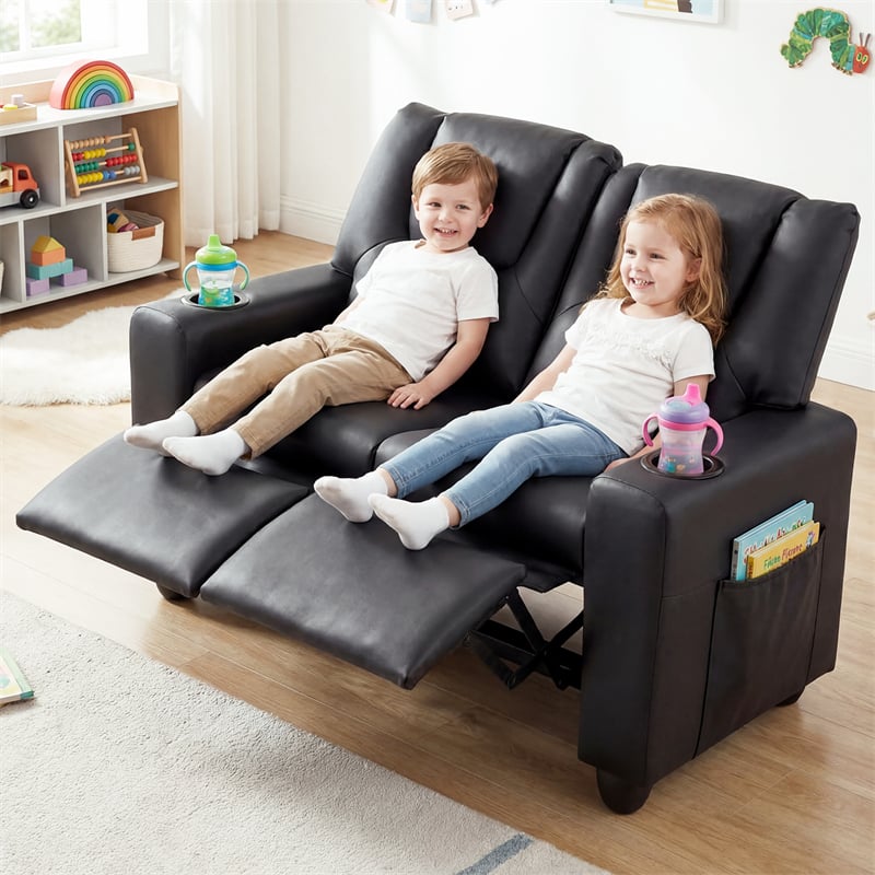 2-Seater Kids Recliner, PU Leather Reclining Loveseat with Cup Holders & 2 Side Storage Pockets, Adjustable Double Toddler Sofa for Boys Girls